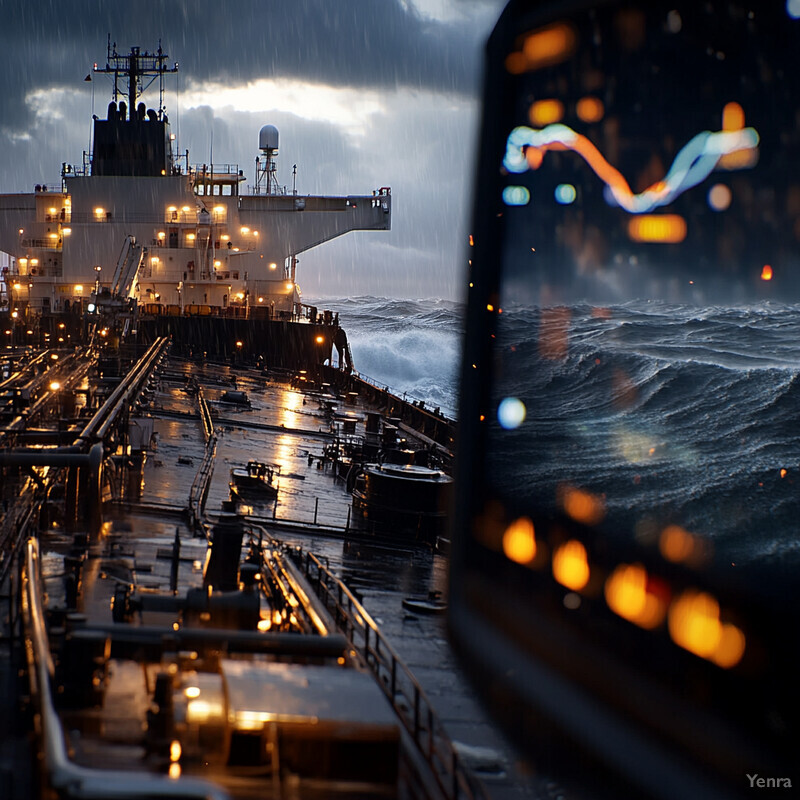 A large cargo ship navigates through choppy waters under an overcast sky.