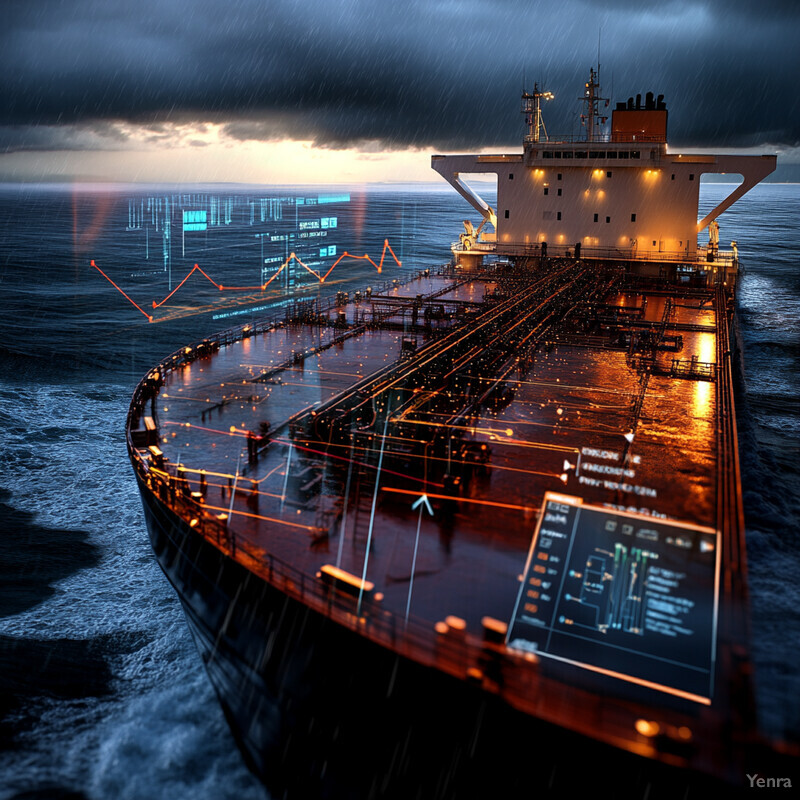 A large ship navigates through rough seas under a stormy sky.