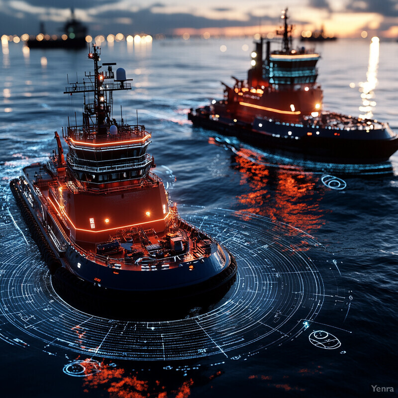 Two tugboats in the water with advanced collision avoidance algorithms displayed on their screens.