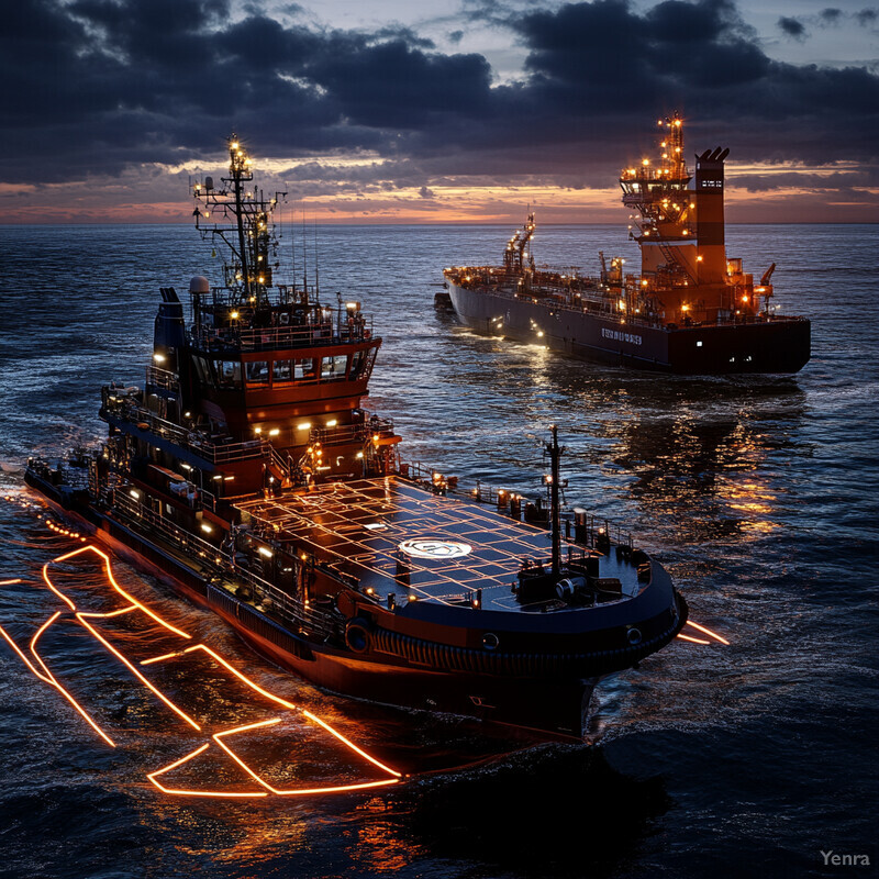 Two ships navigating the ocean at sunset or sunrise.