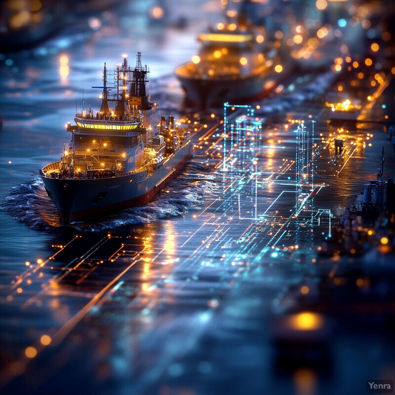 A large cargo ship navigates through a busy harbor at night, leaving a trail of ripples behind it.