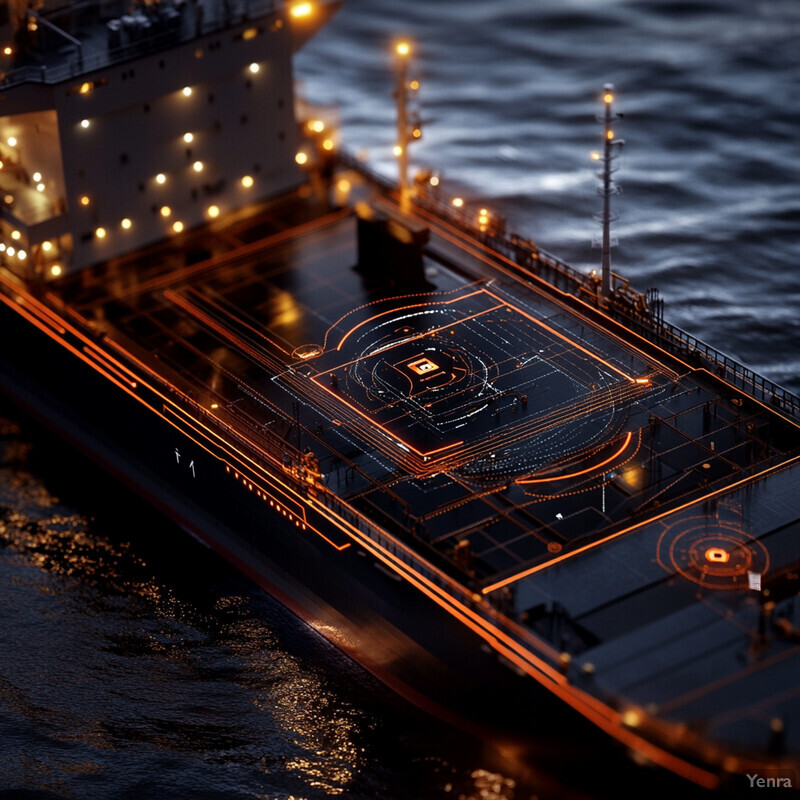 Aerial view of a ship at night with orange lights and dark shadows.