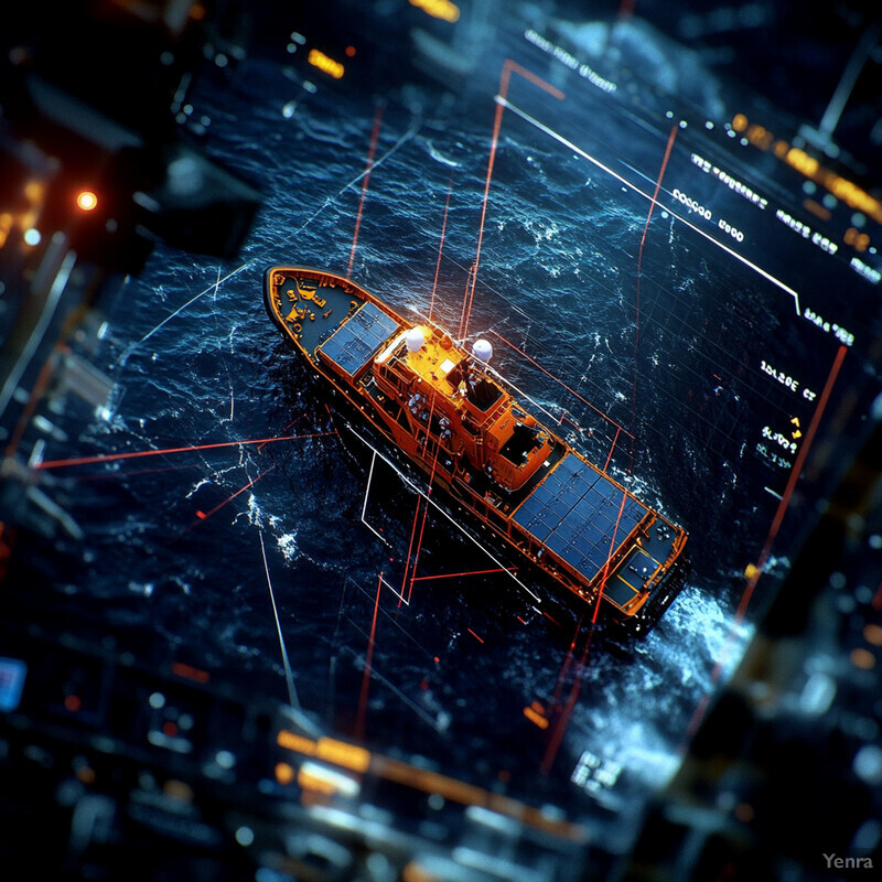 A large ship in the middle of the ocean at night, surrounded by an orange outline and a small boat nearby.