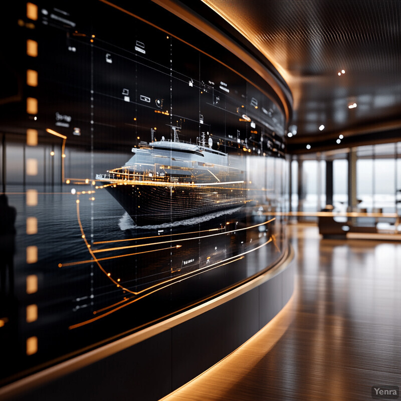 A futuristic-looking ship is displayed on a large, curved screen in a control center.