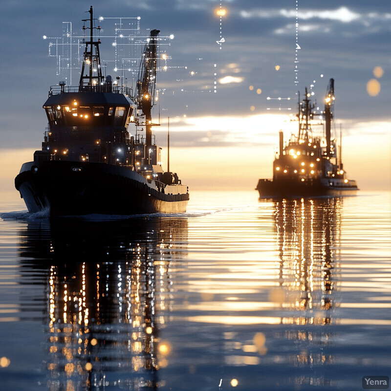 Two tugboats navigating through calm waters at dusk or dawn.