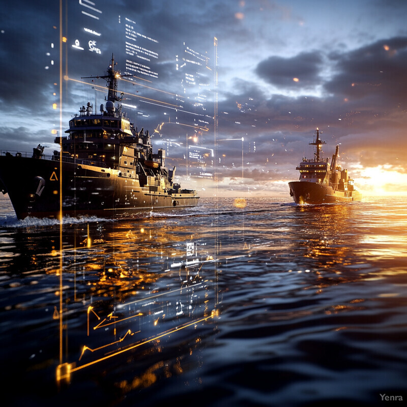 Two large ships sail on the ocean at sunset.