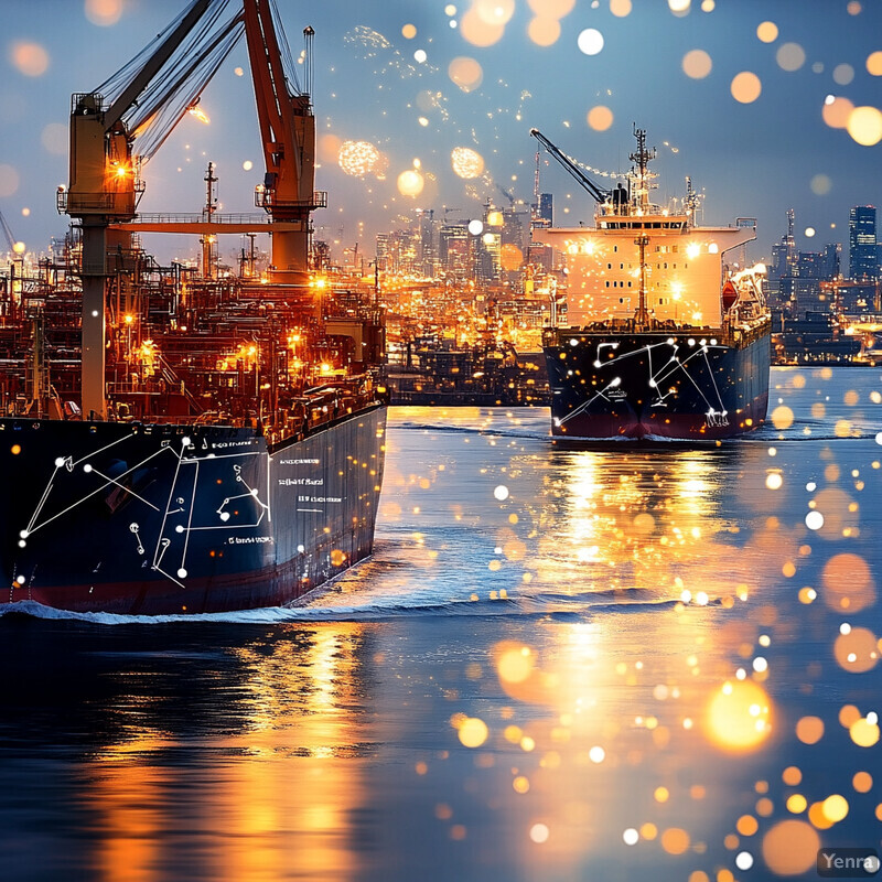 Two large ships docked in an industrial harbor at dusk or dawn.