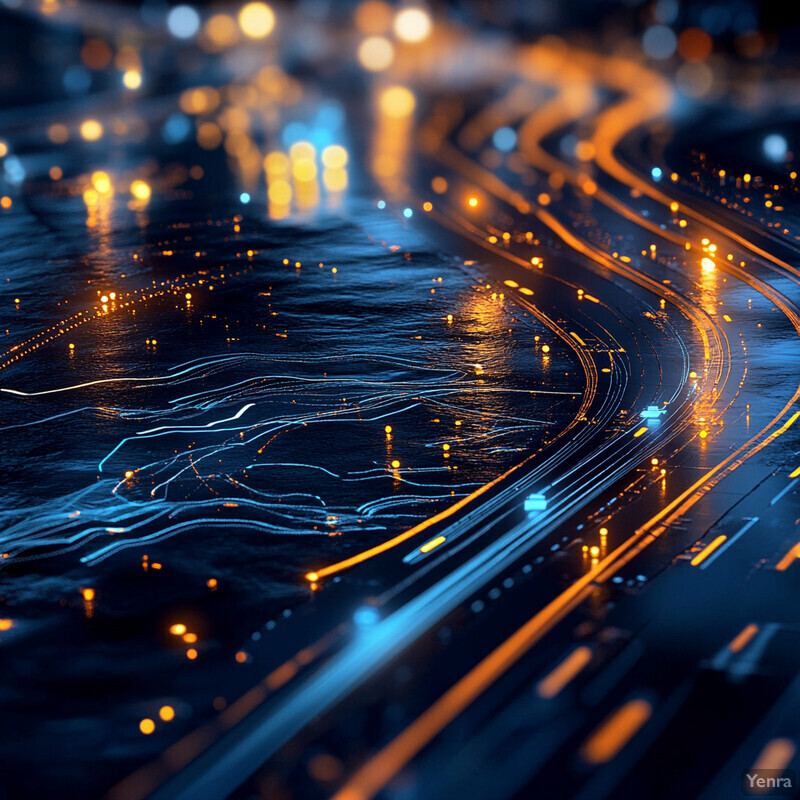 An aerial view of a cityscape at night with illuminated roads and highways.