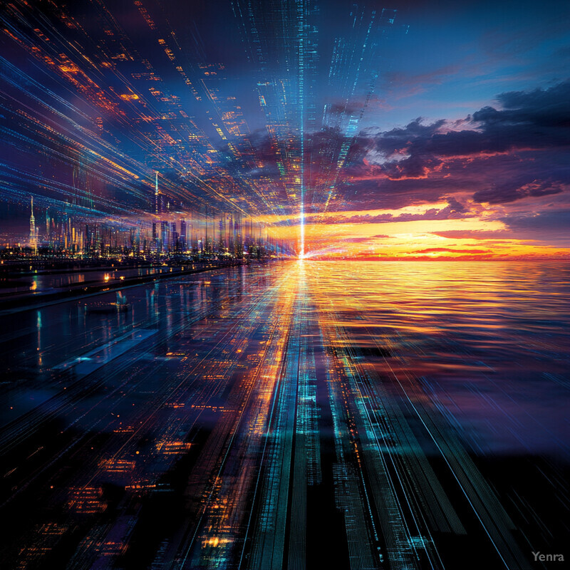 A futuristic cityscape with a large body of water in front of it, possibly an ocean or sea.