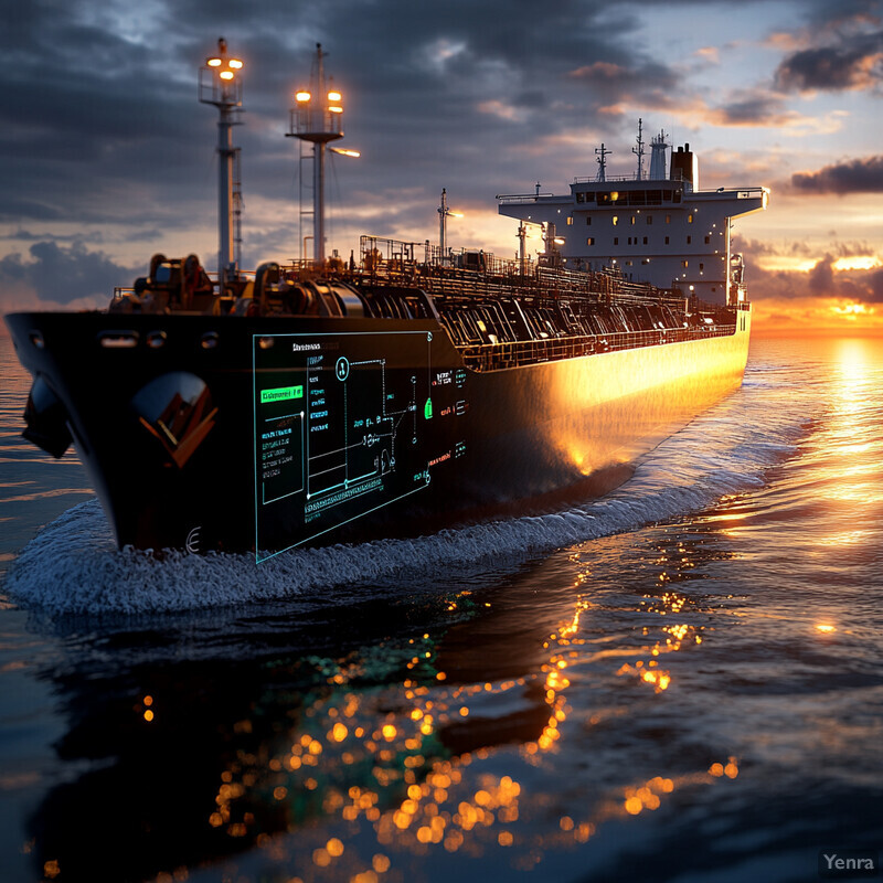 A large ship navigates through calm waters at sunset or sunrise.