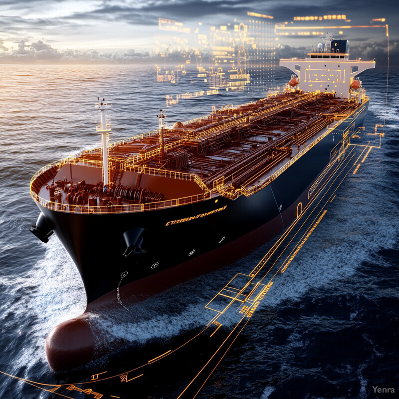 An oil tanker ship at sea with a city skyline in the background.