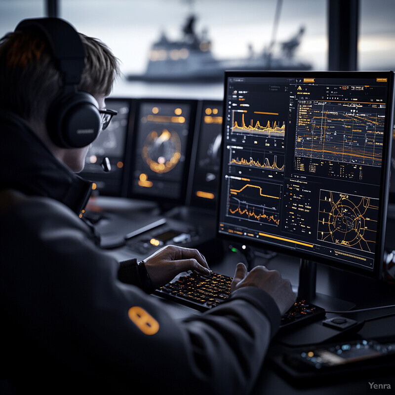 A person working in a control center with multiple screens displaying various graphs and charts.