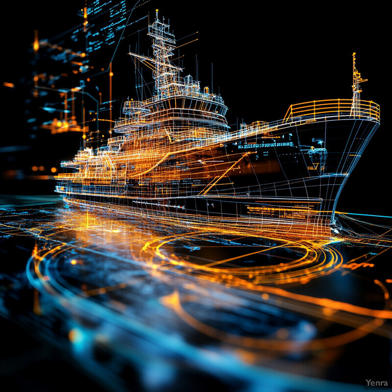 A computer-generated 3D model of a warship with glowing orange lines tracing its hull's contours, set against a blurred cityscape backdrop.