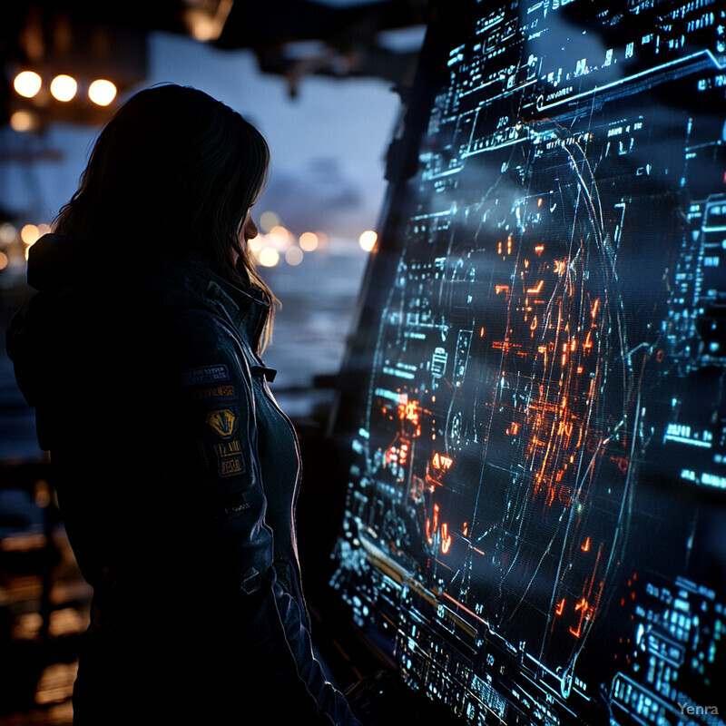 A woman stands in front of a large screen, reviewing data and making critical decisions.