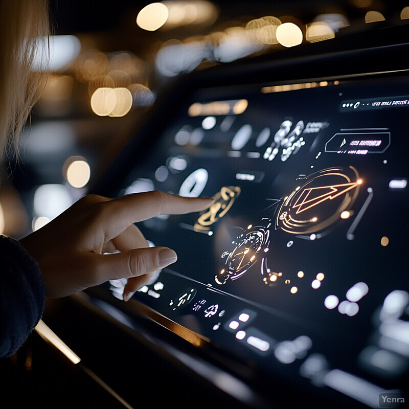 A woman interacts with a large screen, pointing towards the circular logo with a lightning bolt inside.