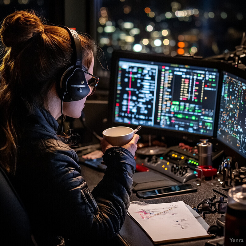 A woman sits at a desk in front of multiple computer monitors, working on her tasks.