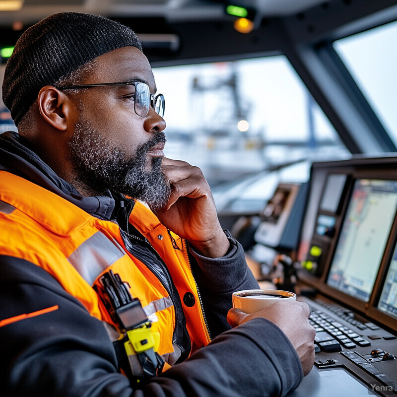 A man is sitting at a desk in front of a large screen, wearing an orange safety vest and black jacket.