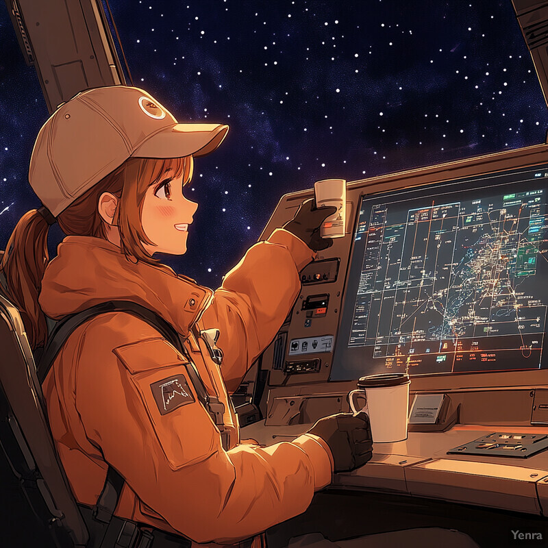 An anime-style illustration of a woman in a pilot's uniform sitting in front of a control panel with various buttons and screens.