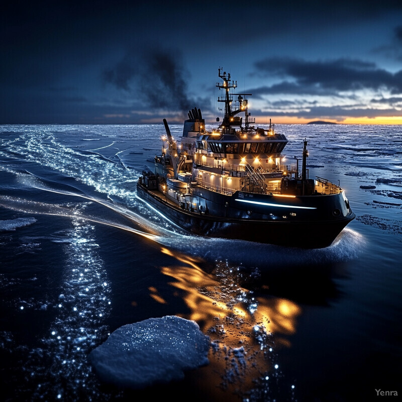 A large boat navigates through ice-covered waters at dusk or dawn.