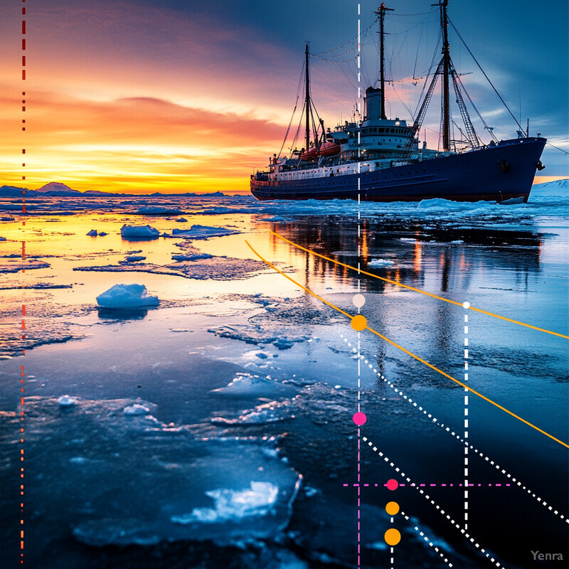 A ship navigates through icy waters at sunset.