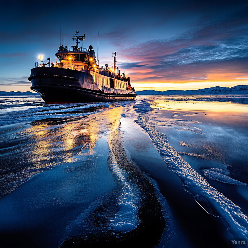 A ship navigates through icy waters at sunset.