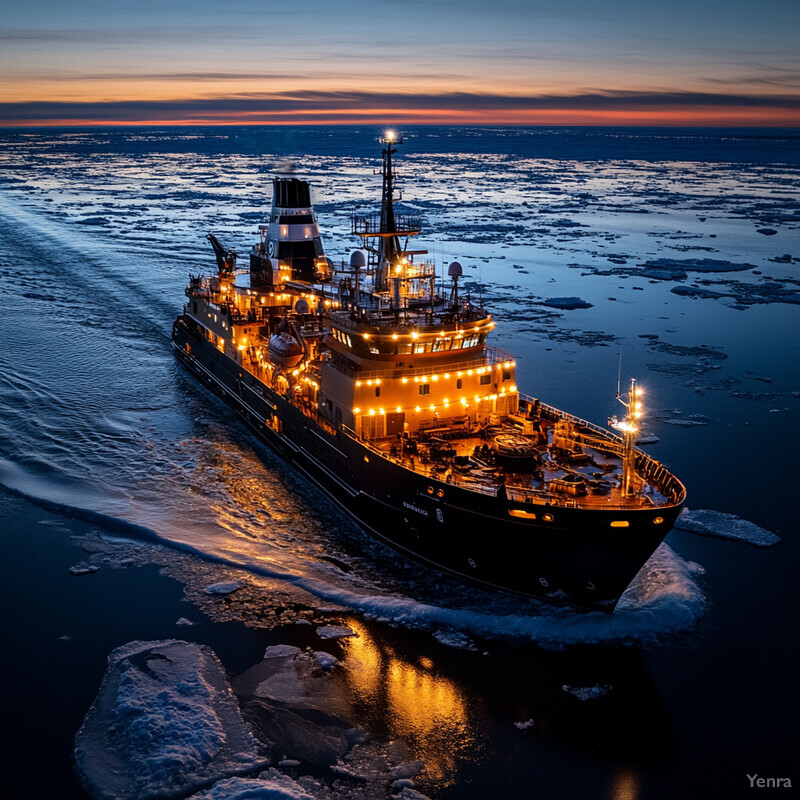 A large ship navigates through icy waters at sunset or sunrise.