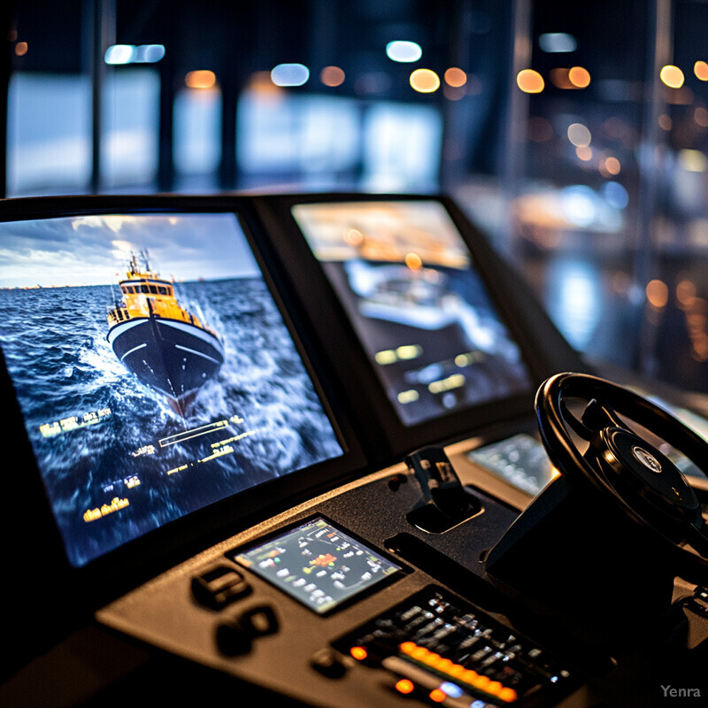 A control room with multiple screens and a steering wheel.