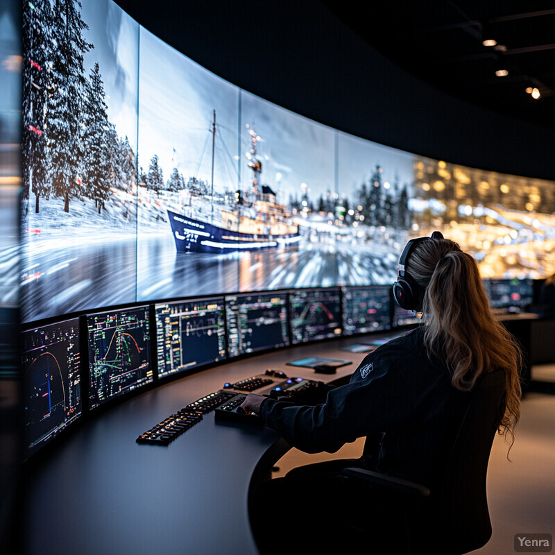 A ship navigates through icy waters surrounded by tall evergreen trees in a winter wonderland setting.