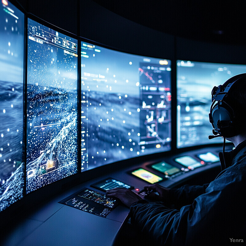 An individual operating a complex system in a dimly lit room with multiple curved screens.