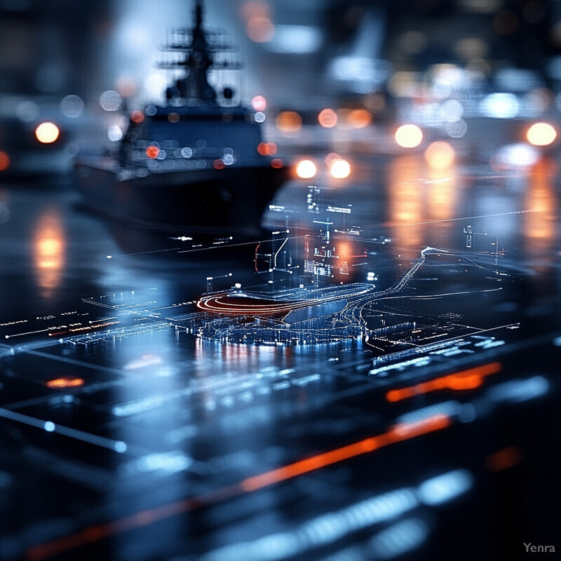 A futuristic cityscape at night, with a focus on traffic patterns and transportation systems.