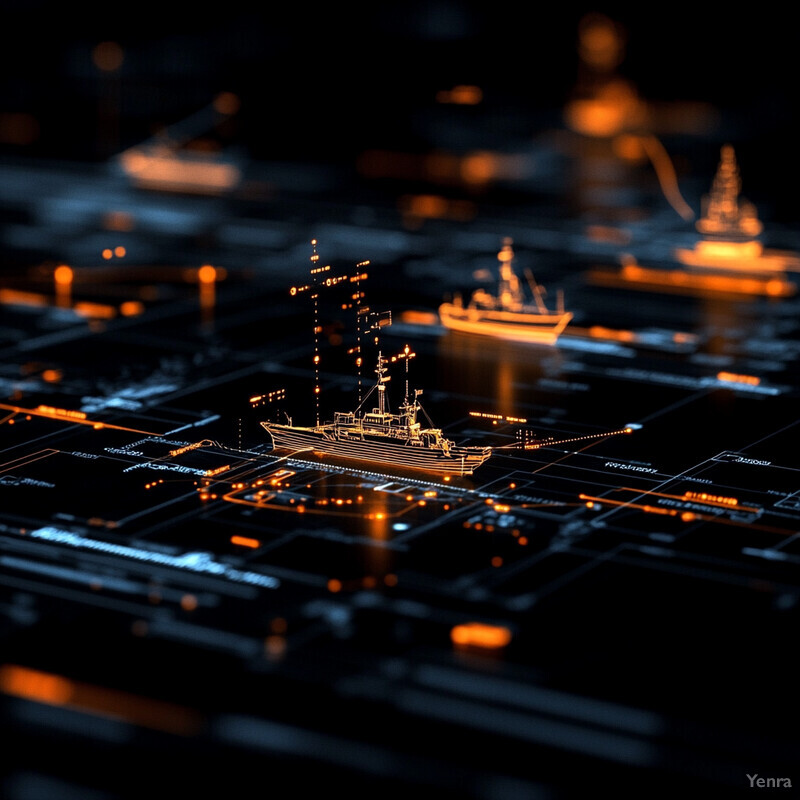 A futuristic visual representation of vessel behavior prediction, featuring a network of interconnected nodes and vessels.