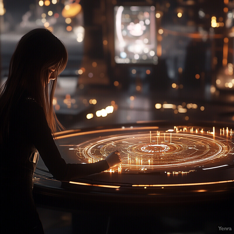 A woman interacts with an interactive display featuring a dynamic pattern of orange and white lights.