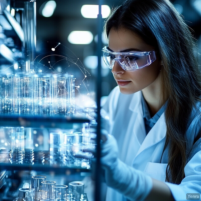 A woman in a lab coat and safety goggles examines a microscope slide in a laboratory setting.