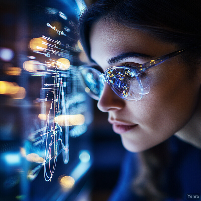 A woman wearing glasses is seated at a desk, surrounded by various objects.