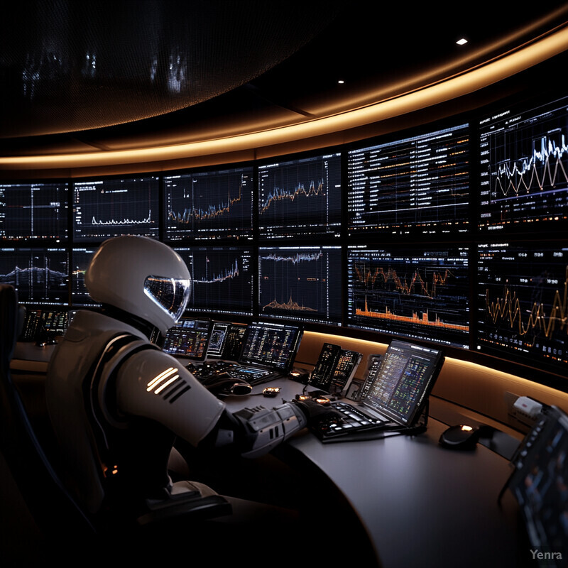 A futuristic control room with a large screen displaying graphs and charts.