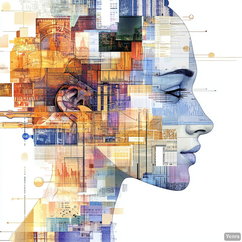 A digital artwork featuring a woman's profile composed of various data sources.