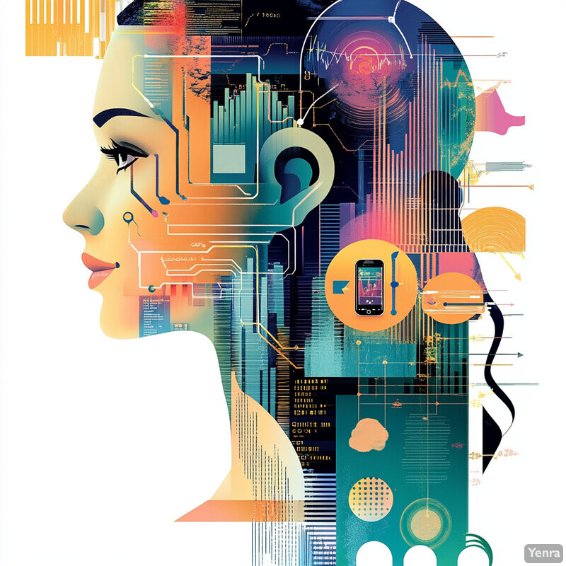 An illustration of a woman's profile with abstract shapes and lines overlaying her face, conveying a sense of technology and innovation.