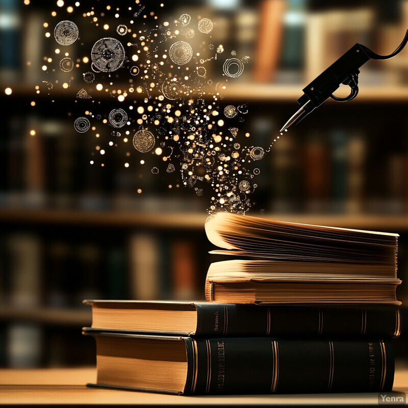 A person reads a book in a library or study room, surrounded by sparkles.