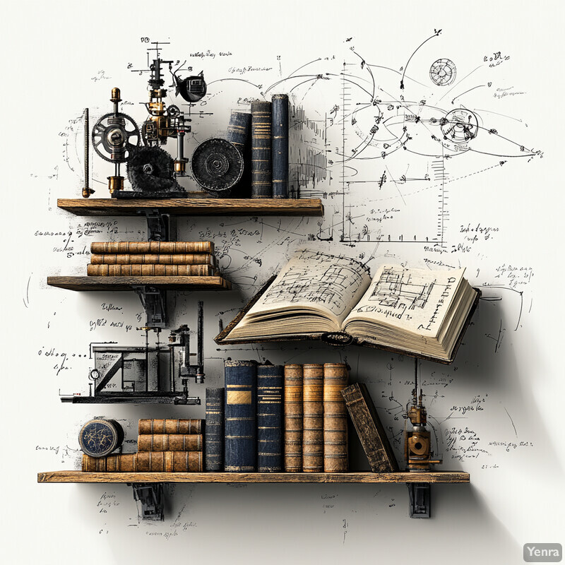 A collection of books and various objects arranged on shelves against a white wall with scribbled equations and diagrams.