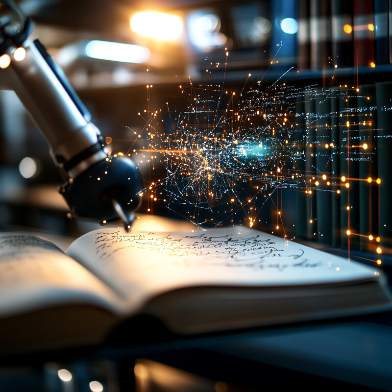 A robotic arm hovers above an open book in a dark room filled with writing and drawing tools.