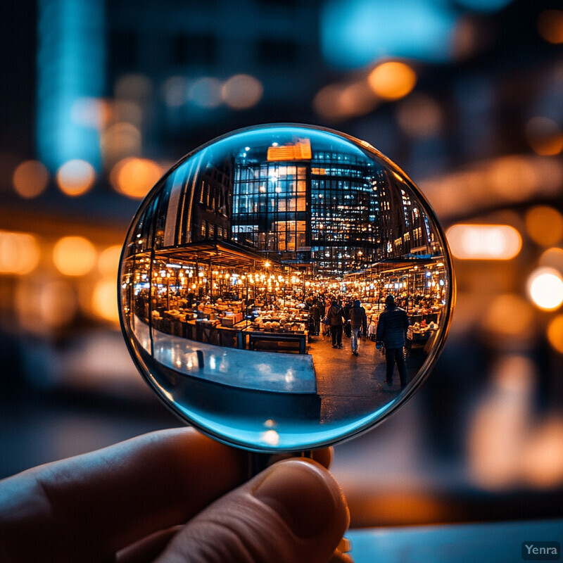 A glass ball offers a unique perspective on urban life, capturing the energy and activity of a city street at night.