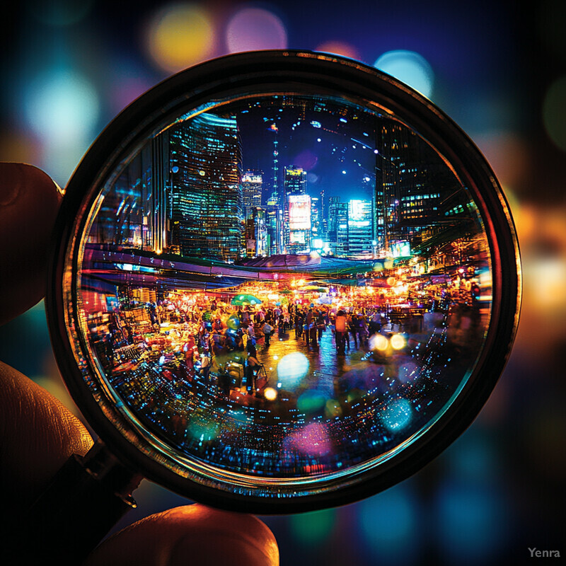 A person holds a magnifying glass up to examine the vibrant cityscape at night.