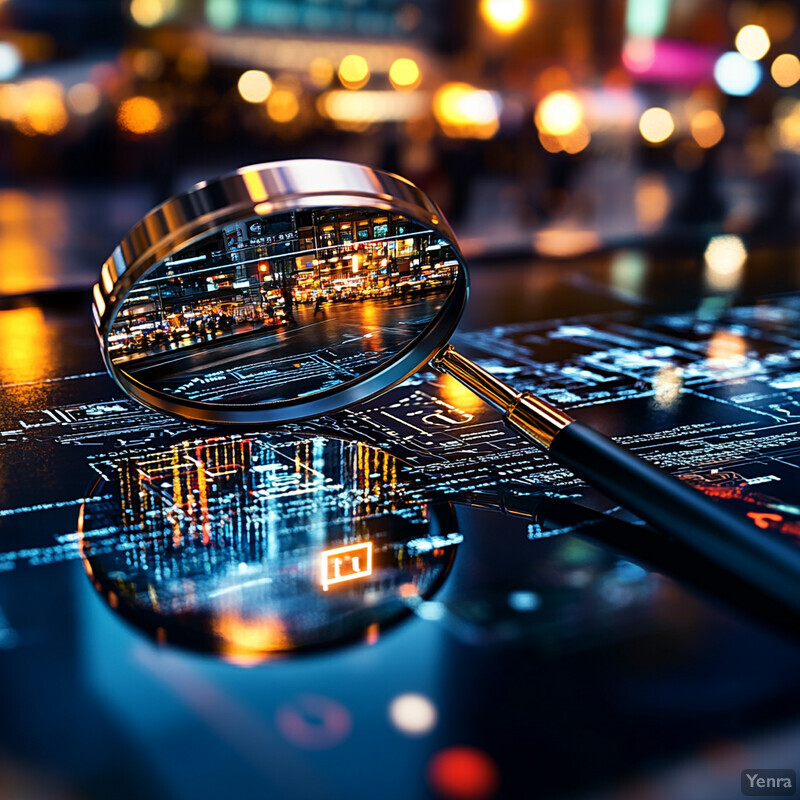 A magnifying glass is placed on top of a circuit board in an electronics workshop.