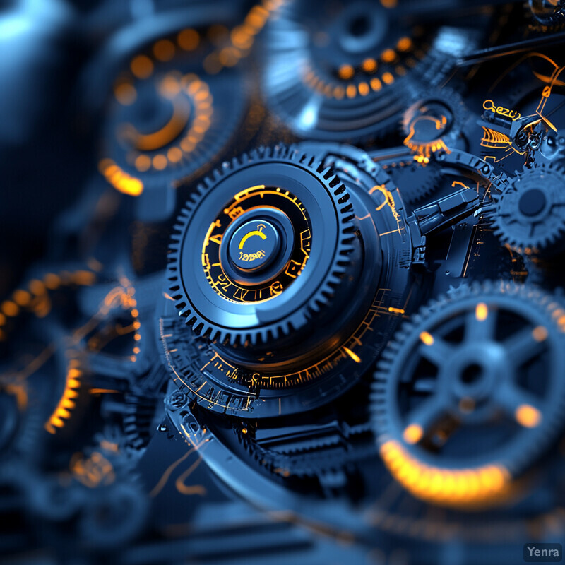 Intricate arrangement of gears and cogs with Roman numerals on a central gear, set against a blurred background.