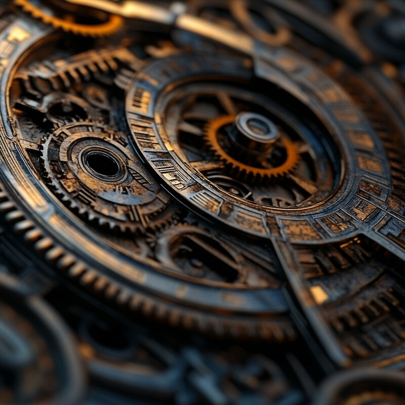 A close-up view of intricately arranged gears and cogs in a range of gold hues, set against a blurred background.