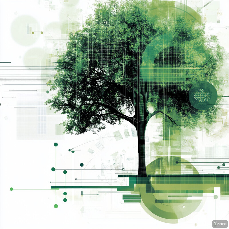 A tree with a green trunk and branches is set against a white background, overlaid with abstract shapes and symbols.