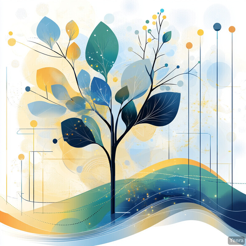 A stylized illustration of a tree with leaves in various shades of green and blue, set against a white background adorned with abstract shapes and lines that evoke the idea of growth and learning.