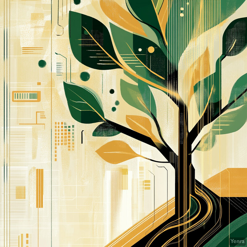 A stylized tree with green leaves and a black trunk is set against an abstract background of geometric patterns and organic forms.