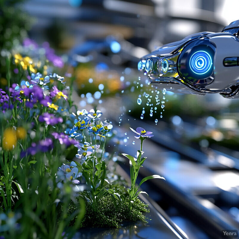 A robotic arm with flowers growing out of it in an industrial setting.