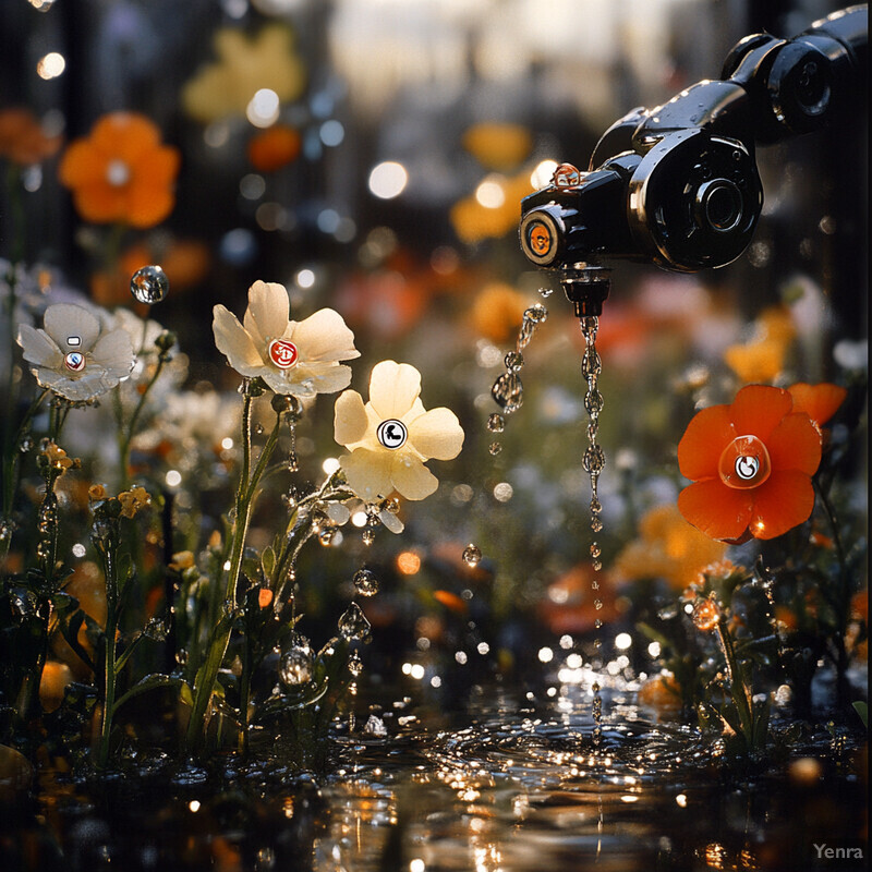 A faucet with water flowing out of it, surrounded by flowers and grass.